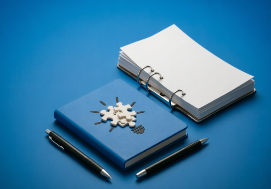 Blue notebook with puzzle lightbulb and ring binder
