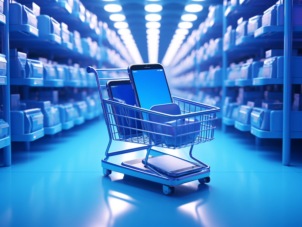 smartphone-shopping-cart-in-blue-supermarket-aisle