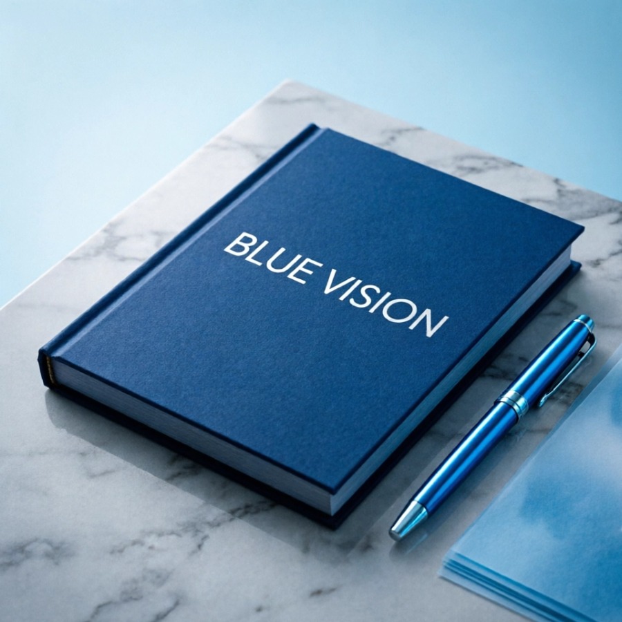 Blue notebook and pen lie on marble