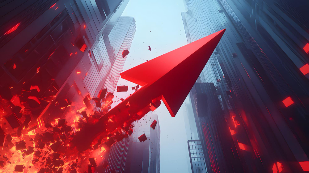 Red arrow bursting through city skyscrapers